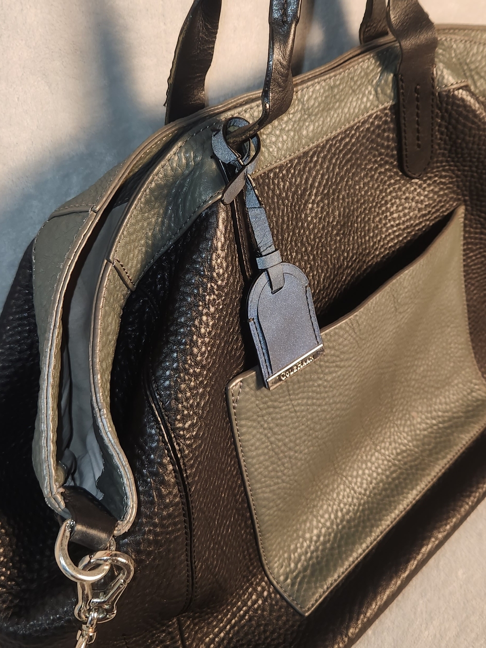Cole Haan Pebbled Leather Color-Blocked Convertible Tote Black & Grey